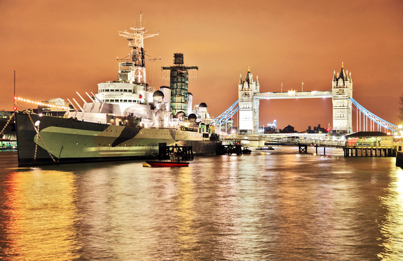 River Thames Tower Bridge and HMS Belfast